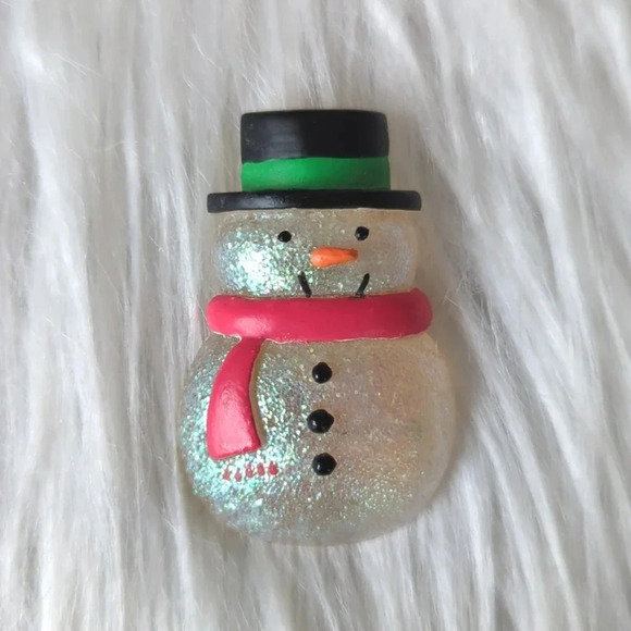 Vintage Snowman Pin- Hallmark Christmas Brooch- 80s/90s Iridescent Glitter - Picture 1 of 6